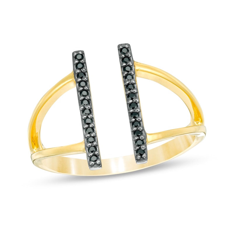 Main Image 1 of 1/10 CT. T.W. Black Diamond Double Bar Open Split Shank Ring in 10K Gold