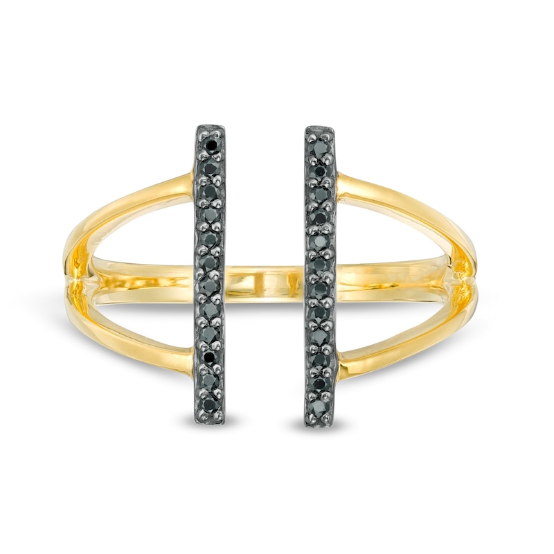 Main Image 4 of 1/10 CT. T.W. Black Diamond Double Bar Open Split Shank Ring in 10K Gold