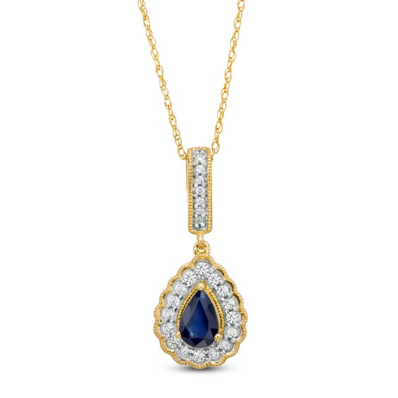 Pear-Shaped Blue Sapphire and 1/6 CT. T.W. Diamond Scallop Frame Vintage-Style Pendant in 10K Gold Pear-Shaped Blue Sapphire and 1/6 CT. T.W. Diamond Scallop Frame Vintage-Style Pendant in 10K Gold