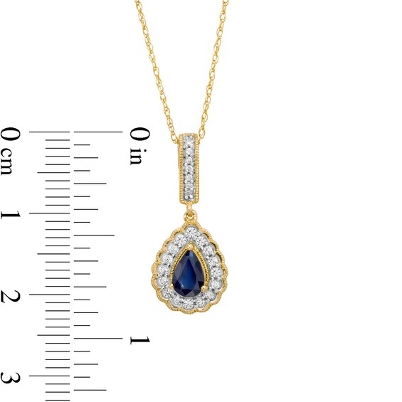 Pear-Shaped Blue Sapphire and 1/6 CT. T.W. Diamond Scallop Frame Vintage-Style Pendant in 10K Gold Pear-Shaped Blue Sapphire and 1/6 CT. T.W. Diamond Scallop Frame Vintage-Style Pendant in 10K Gold