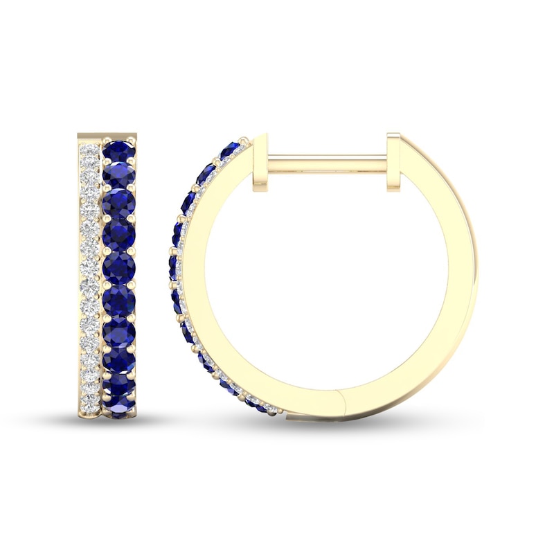 Main Image 1 of Blue Sapphire and 1/10 CT. T.W. Diamond Double Row Hoop Earrings in 10K Gold