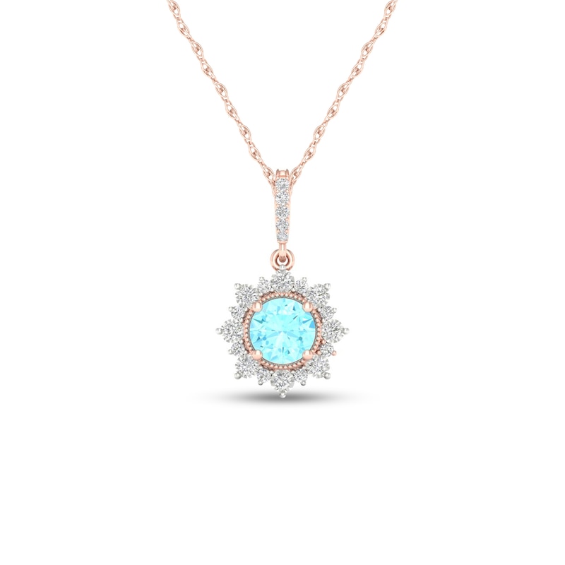 5.0mm Aquamarine and 1/15 CT. T.W. Diamond Sun Frame Vintage-Style Pendant in 10K Rose Gold