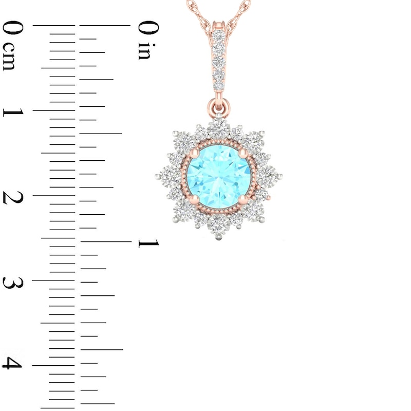 5.0mm Aquamarine and 1/15 CT. T.W. Diamond Sun Frame Vintage-Style Pendant in 10K Rose Gold