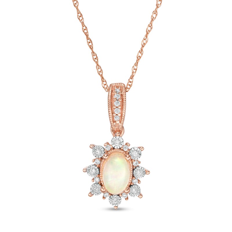 Oval Opal and 1/15 CT. T.W. Diamond Sun Frame Vintage-Style Pendant in 10K Rose Gold