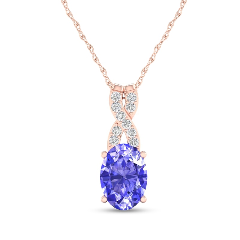 Main Image 1 of Oval Tanzanite and 1/20 CT. T.W. Diamond "X" Drop Pendant in 10K Rose Gold