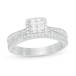 3/8 CT. T.W. Quad Princess-Cut Diamond Frame Vintage-Style Bridal Set in 10K White Gold