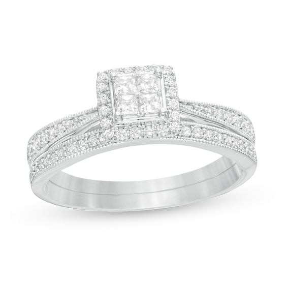 3/8 CT. T.w. Quad Princess-Cut Diamond Frame Vintage-Style Bridal Set in 10K White Gold
