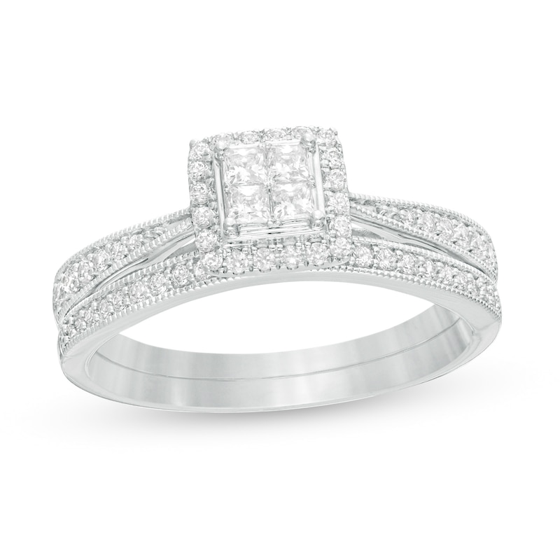 Main Image 1 of 3/8 CT. T.W. Quad Princess-Cut Diamond Frame Vintage-Style Bridal Set in 10K White Gold