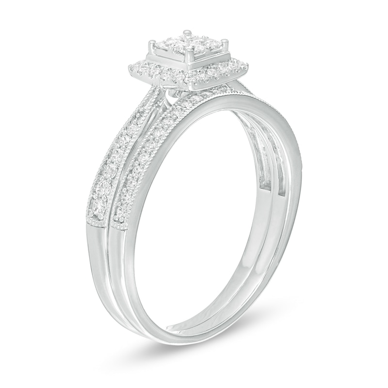 Main Image 3 of 3/8 CT. T.W. Quad Princess-Cut Diamond Frame Vintage-Style Bridal Set in 10K White Gold
