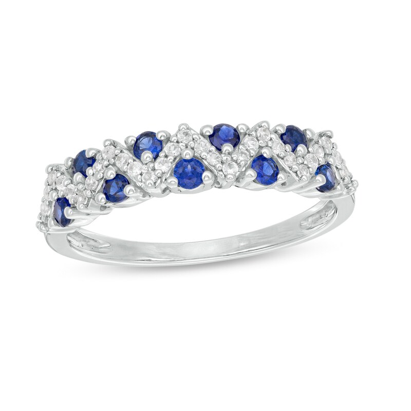 Main Image 1 of Lab-Created Blue and White Sapphire Zig-Zag Ring in Sterling Silver