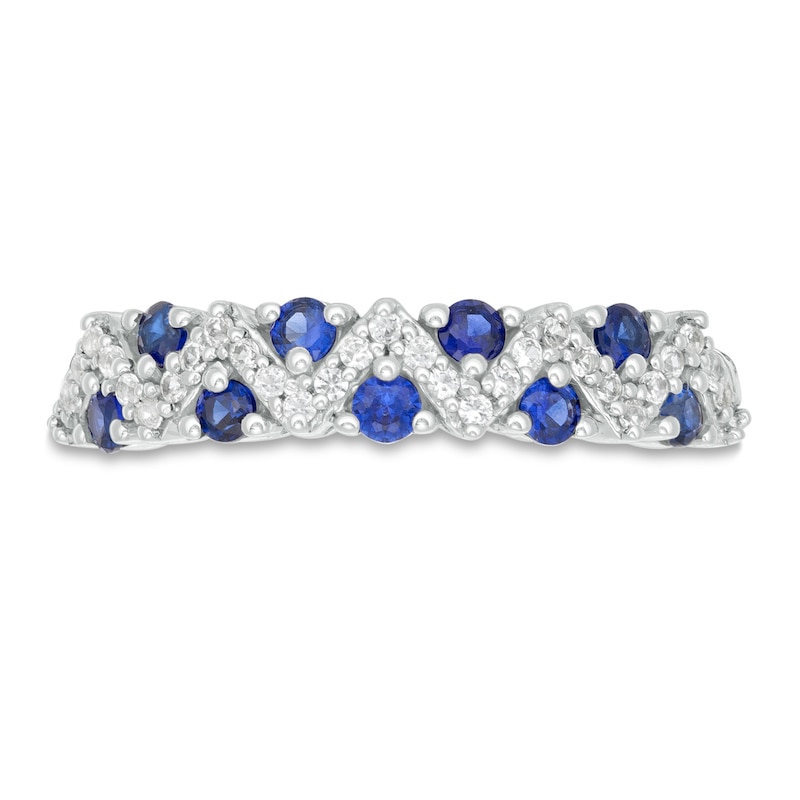 Main Image 4 of Lab-Created Blue and White Sapphire Zig-Zag Ring in Sterling Silver