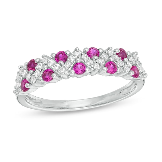 Lab-Created Ruby and White Sapphire Zig-Zag Ring in Sterling Silver