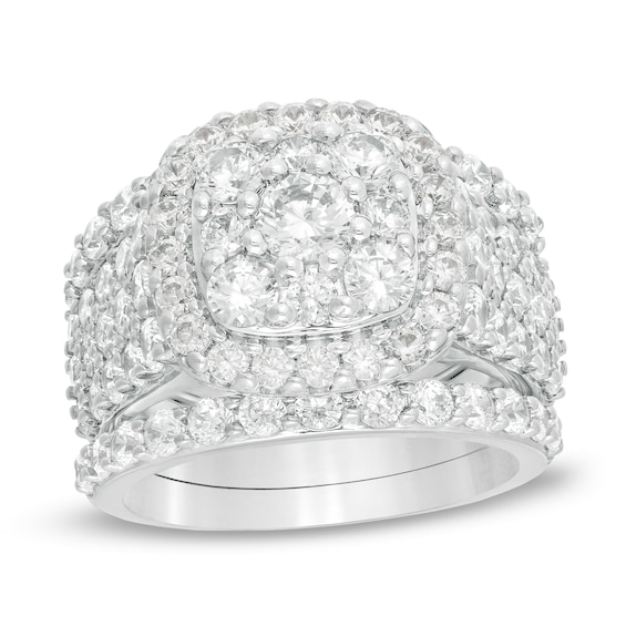 3-3/4 CT. T.w. Diamond Double Cushion Frame Multi-Row Three Piece Bridal Set in 10K White Gold
