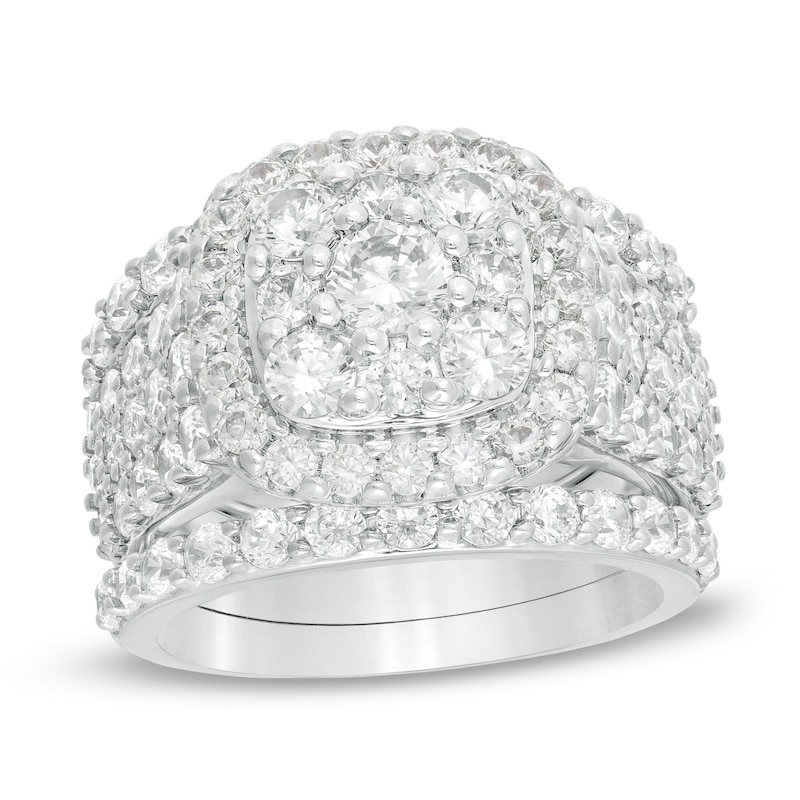Main Image 1 of 3-3/4 CT. T.W. Diamond Double Cushion Frame Multi-Row Three Piece Bridal Set in 10K White Gold