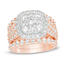 3-3/4 CT. T.W. Diamond Double Cushion Frame Multi-Row Three Piece Bridal Set in 10K Rose Gold