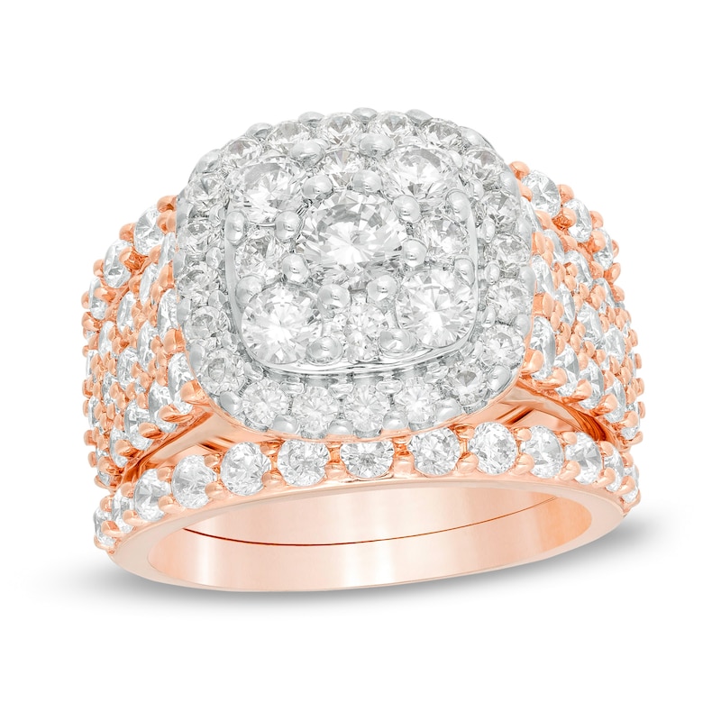 Main Image 1 of 3-3/4 CT. T.W. Diamond Double Cushion Frame Multi-Row Three Piece Bridal Set in 10K Rose Gold
