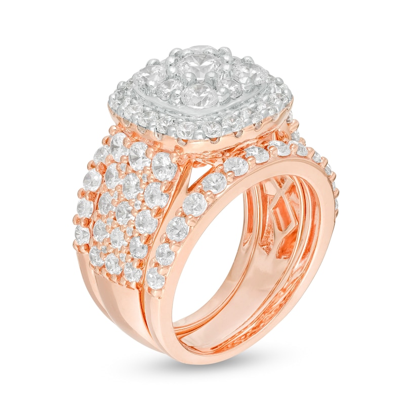 Main Image 3 of 3-3/4 CT. T.W. Diamond Double Cushion Frame Multi-Row Three Piece Bridal Set in 10K Rose Gold