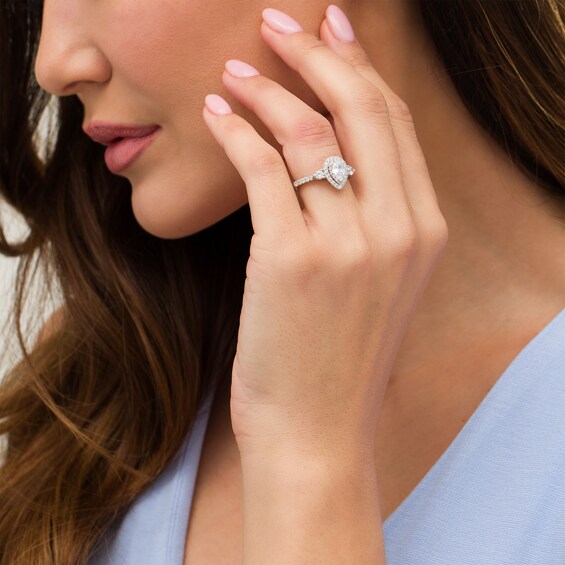 1-1/6 CT. T.w. Certified Pear-Shaped Diamond Frame Past Present FutureÂ® Engagement Ring in 14K White Gold (I/I2)