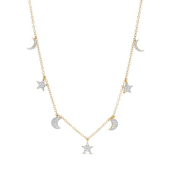 1/6 CT. T.w. Diamond Crescent Moon and Star Station Necklace in 10K Gold - 19"