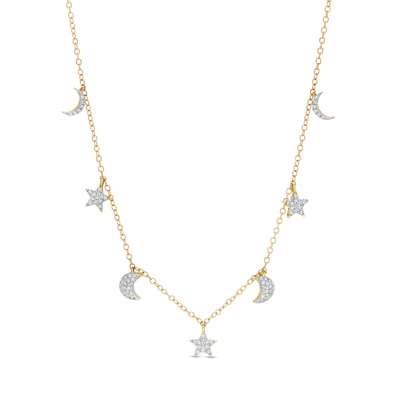 Main Image 1 of 1/6 CT. T.W. Diamond Crescent Moon and Star Station Necklace in 10K Gold - 19"