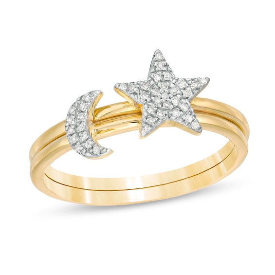 1/15 CT. T.w. Diamond Crescent Moon and Star Stackable Ring in 10K Gold