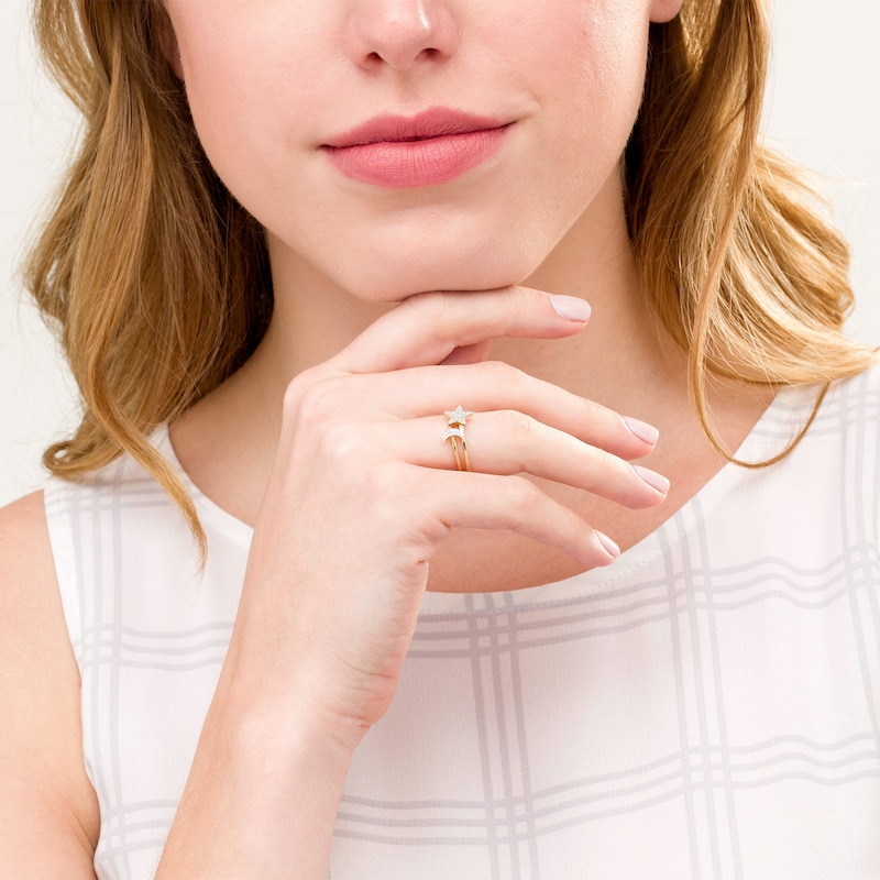 Main Image 2 of 1/15 CT. T.W. Diamond Crescent Moon and Star Stackable Ring in 10K Gold