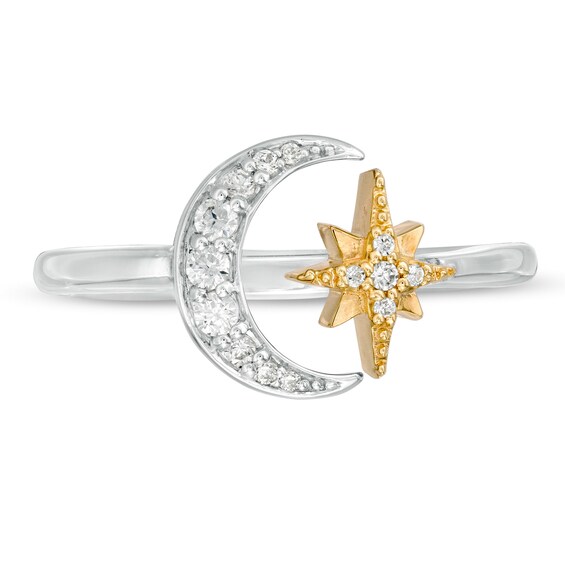 1/6 CT. T.w. Diamond Crescent Moon and Star Open Ring in Sterling Silver and 10K Gold