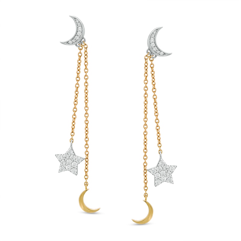 Main Image 1 of 1/4 CT. T.W. Diamond Crescent Moon and Star Drop Earrings in Sterling Silver and 10K Gold