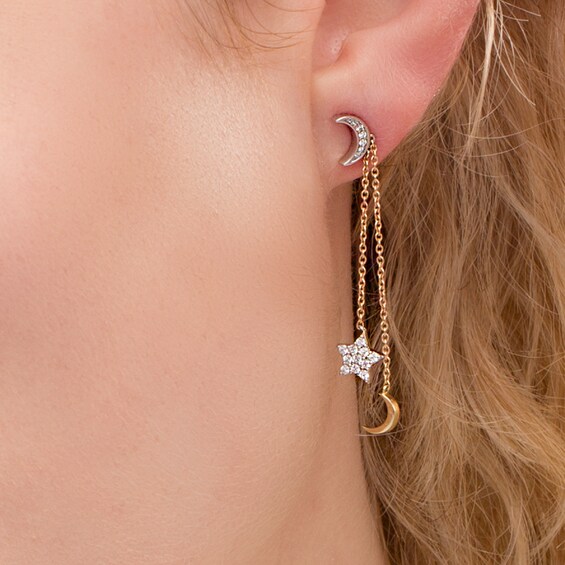 1/4 CT. T.w. Diamond Crescent Moon and Star Drop Earrings in Sterling Silver and 10K Gold