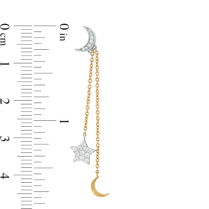 Main Image 3 of 1/4 CT. T.W. Diamond Crescent Moon and Star Drop Earrings in Sterling Silver and 10K Gold