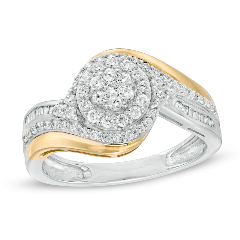 Main Image 1 of 1/2 CT. T.W. Composite Diamond Tri-Sides Bypass Ring in 10K Two-Tone Gold