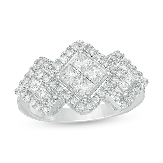 1 CT. T.w. Princess-Cut Composite Diamond Frame Three Stone Ring in 10K White Gold