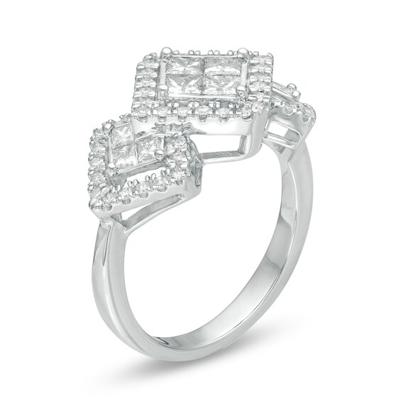 1 CT. T.w. Princess-Cut Composite Diamond Frame Three Stone Ring in 10K White Gold