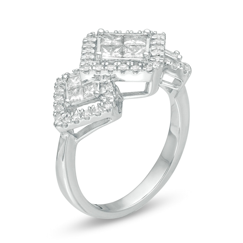 Main Image 3 of 1 CT. T.W. Princess-Cut Composite Diamond Frame Three Stone Ring in 10K White Gold