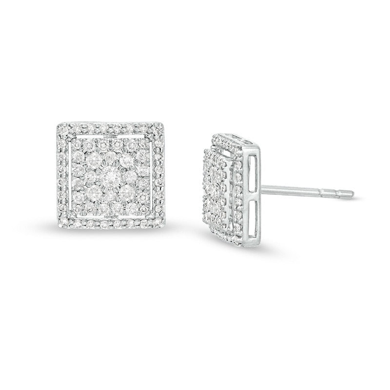 Main Image 1 of 1/2 CT. T.W. Princess-Shaped Multi-Diamond Frame Stud Earrings in 10K White Gold