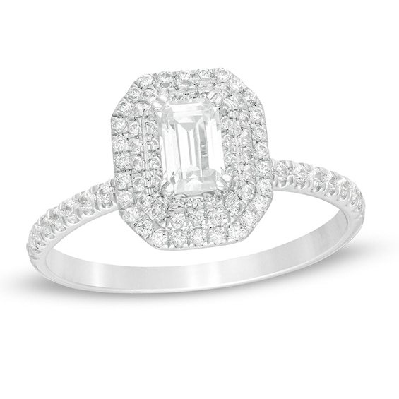 3/4 CT. T.w. Emerald-Cut Diamond Double Octagonal Frame Engagement Ring in 14K White Gold