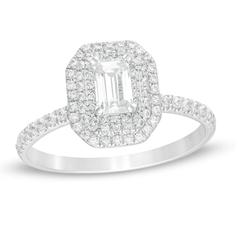 3/4 CT. T.W. Emerald-Cut Diamond Double Octagonal Frame Engagement Ring in 14K White Gold