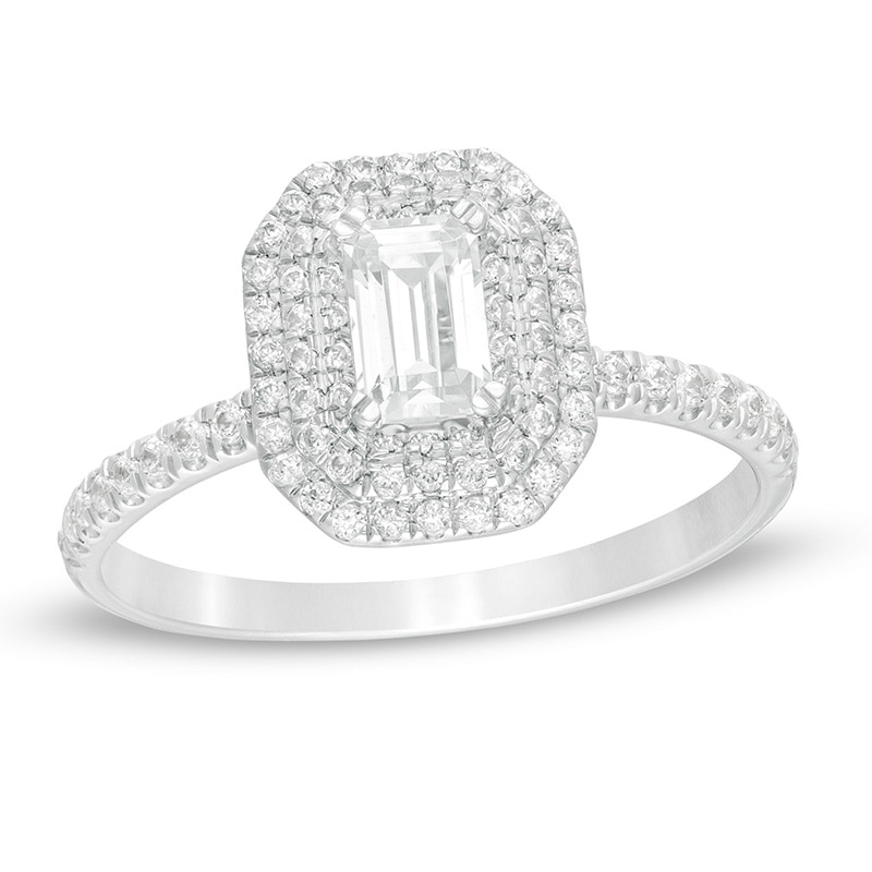 Main Image 1 of 3/4 CT. T.W. Emerald-Cut Diamond Double Octagonal Frame Engagement Ring in 14K White Gold