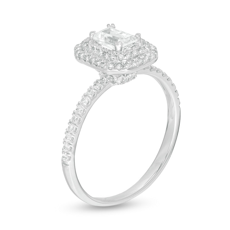 Main Image 3 of 3/4 CT. T.W. Emerald-Cut Diamond Double Octagonal Frame Engagement Ring in 14K White Gold