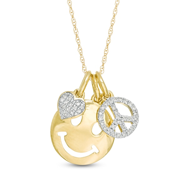 1/10 CT. T.w. Diamond Peace Sign, Heart, and Smiley Face Charm Pendant in 10K Gold