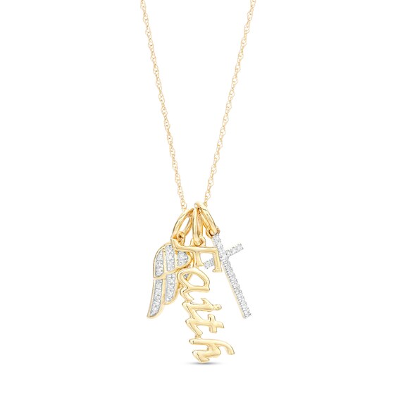 1/15 CT. T.w. Diamond Wing, Cross, and "Faith" Charm Pendant in 10K Gold