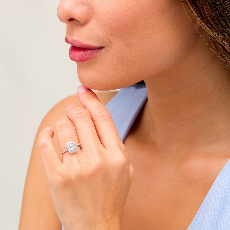 Main Image 2 of 3/4 CT. T.W. Emerald-Cut Diamond Double Octagonal Frame Engagement Ring in 14K Gold