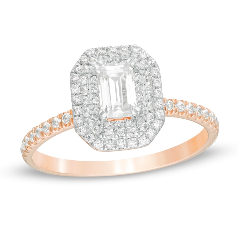 3/4 CT. T.W. Emerald-Cut Diamond Double Octagonal Frame Engagement Ring in 14K Rose Gold