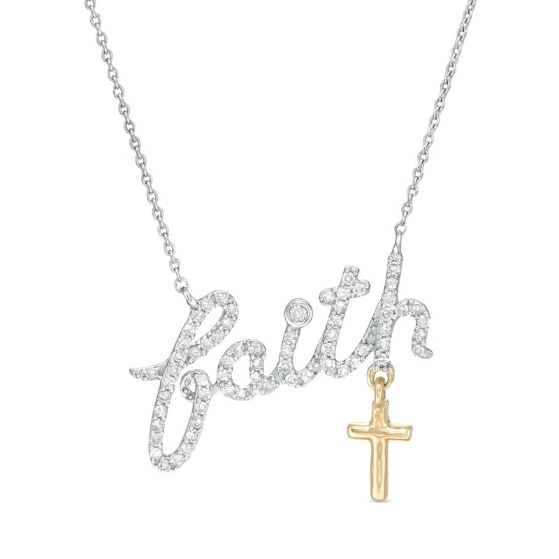 Main Image 1 of 1/6 CT. T.W. Diamond "faith" and Cross Charm Necklace in Sterling Silver and 10K Gold