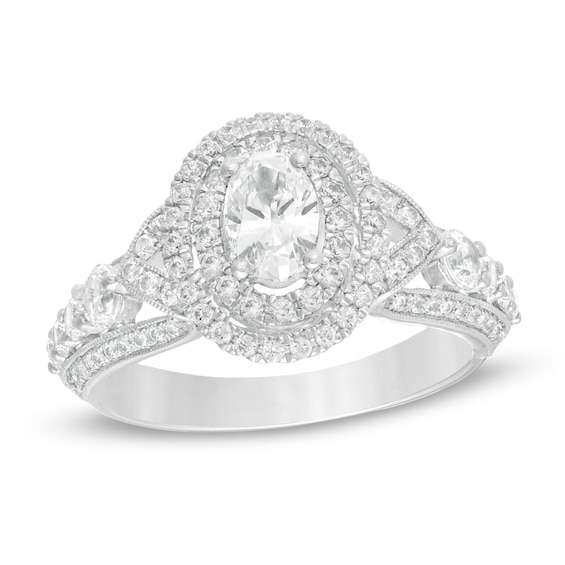1-5/8 CT. T.w. Oval Diamond Double Frame Vintag-Style Engagement Ring in 14K White Gold