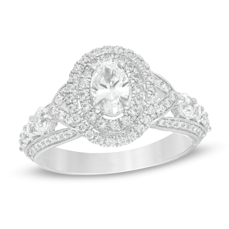 Main Image 1 of 1-5/8 CT. T.W. Oval Diamond Double Frame Vintag-Style Engagement Ring in 14K White Gold