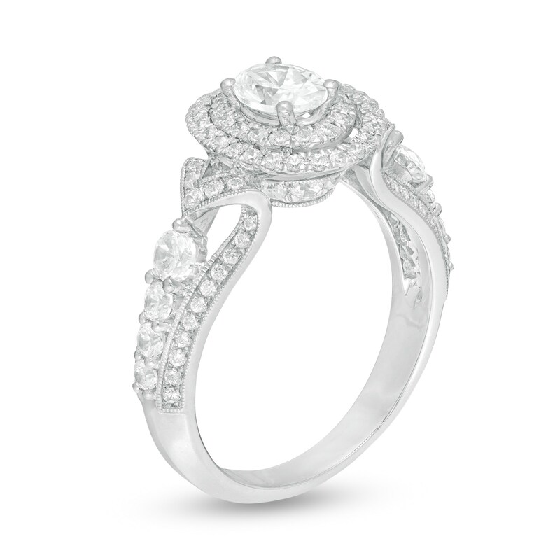 Main Image 3 of 1-5/8 CT. T.W. Oval Diamond Double Frame Vintag-Style Engagement Ring in 14K White Gold