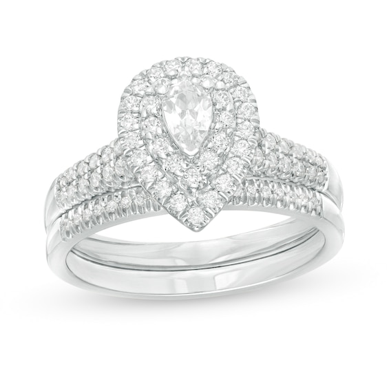3/4 CT. T.w. Pear-Shaped Diamond Double Frame Bridal Set in 14K White Gold