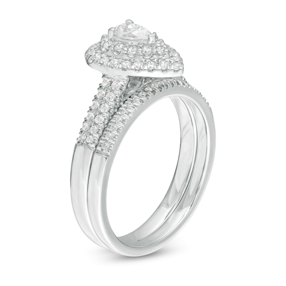 3/4 CT. T.w. Pear-Shaped Diamond Double Frame Bridal Set in 14K White Gold