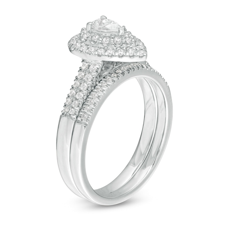 Main Image 3 of 3/4 CT. T.W. Pear-Shaped Diamond Double Frame Bridal Set in 14K White Gold